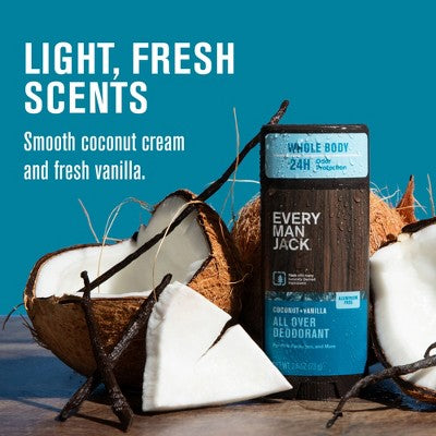 Every Man Jack All Over Solid Deodorant Coconut + Vanilla 2.6oz - New